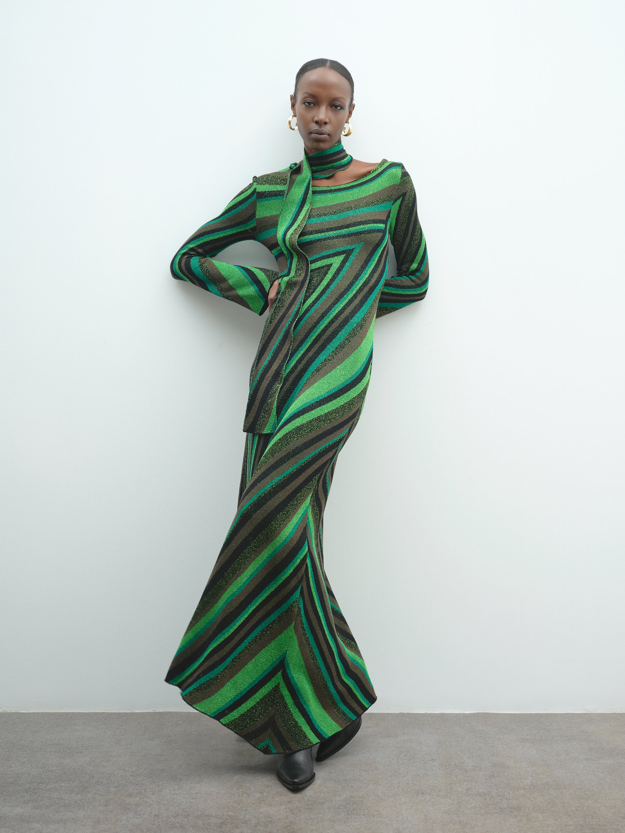 chinese dress ladies AKEP long dress with diagonal stripe scarf neckline – Akep.it