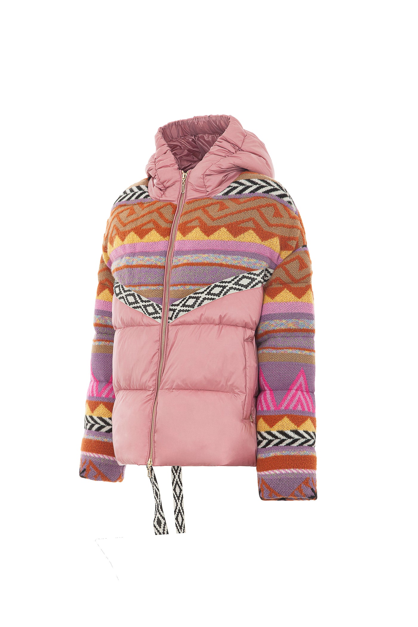 Piumino con cappuccio e pattern multicolor