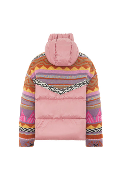 Piumino con cappuccio e pattern multicolor