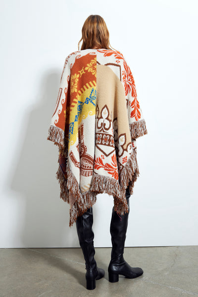 Poncho in maglia con frange pattern damasco e cavalli