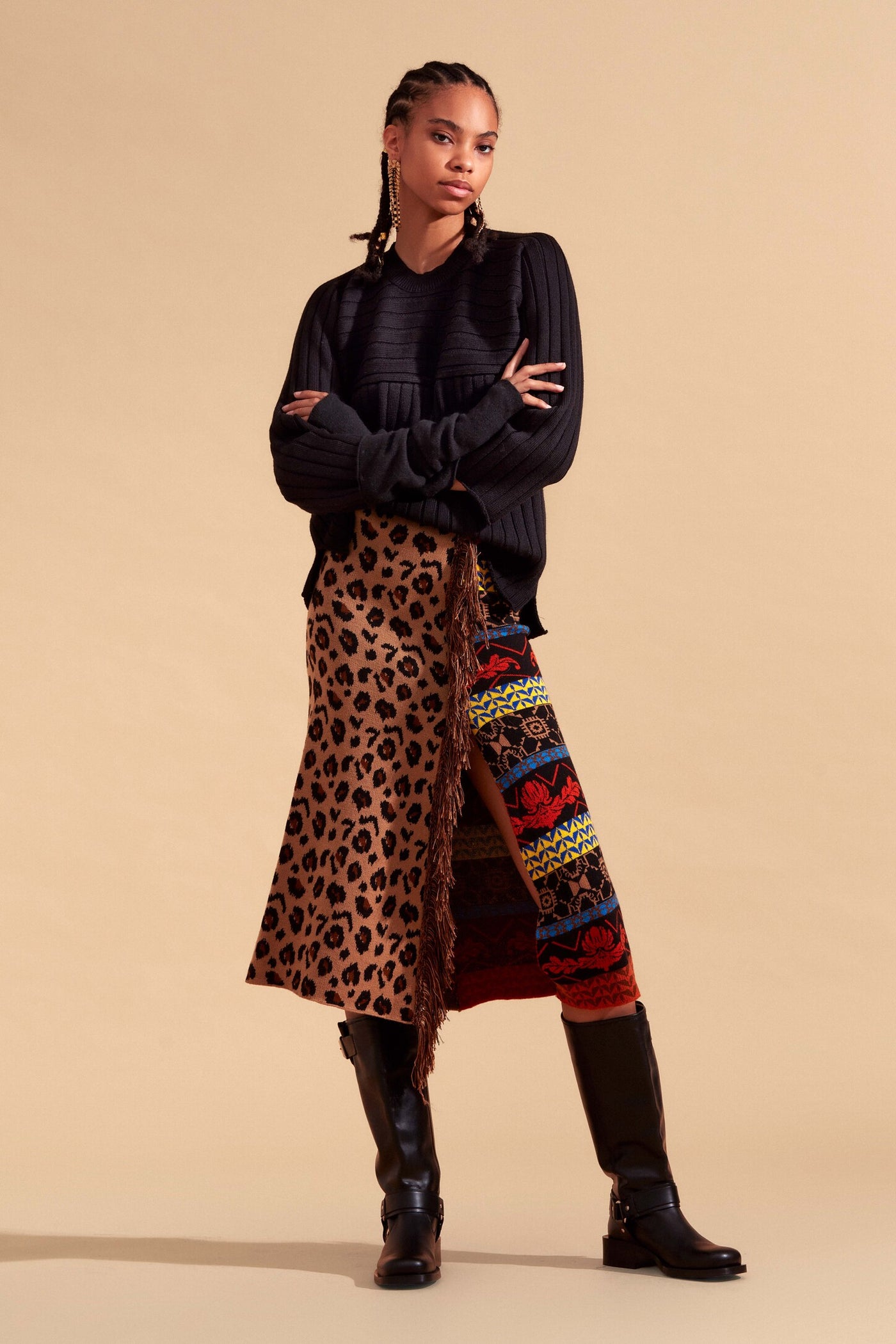 Gonna con stampa animalier e pattern etnico